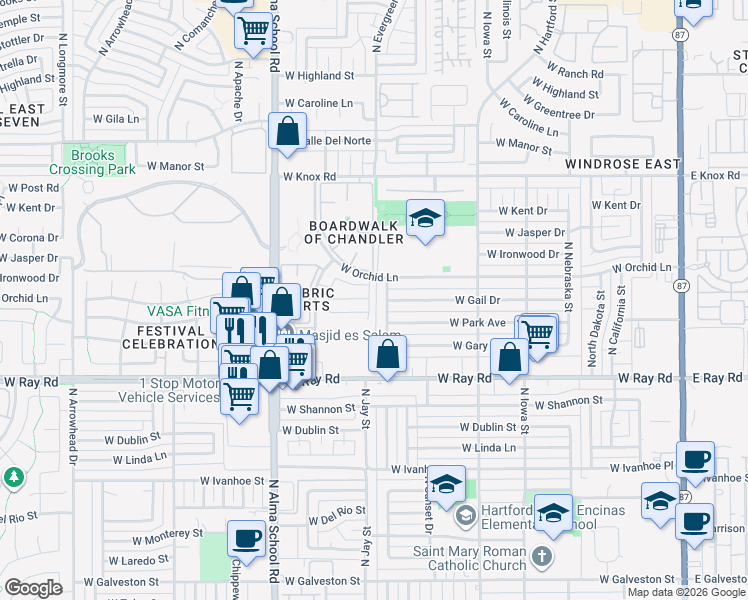map of restaurants, bars, coffee shops, grocery stores, and more near 1189 North Jay Place in Chandler
