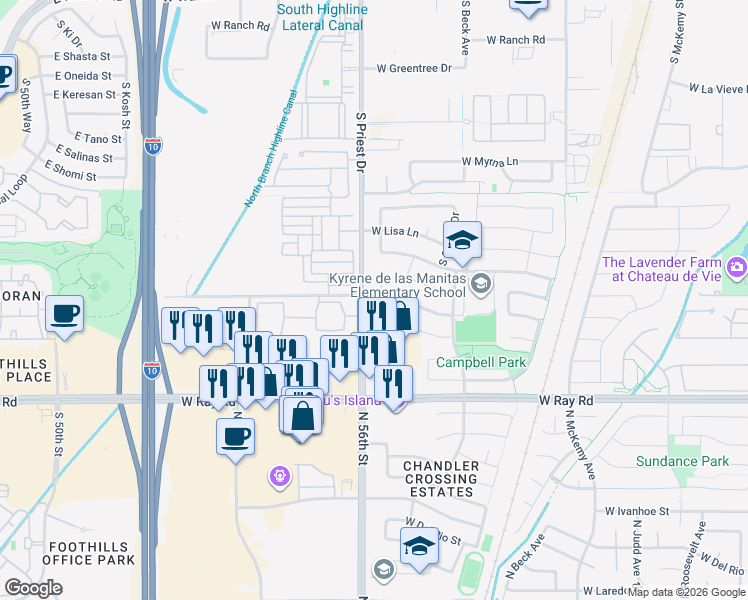 map of restaurants, bars, coffee shops, grocery stores, and more near in Tempe