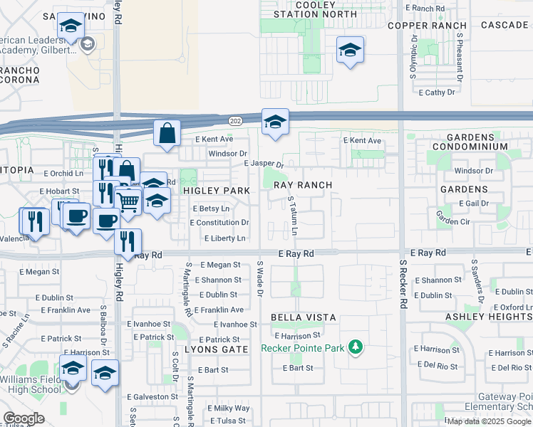 map of restaurants, bars, coffee shops, grocery stores, and more near 3623 East Orchid Lane in Gilbert