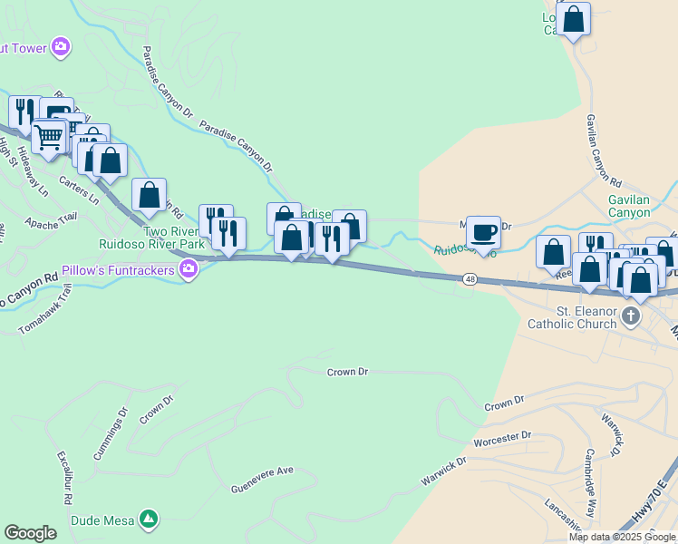 map of restaurants, bars, coffee shops, grocery stores, and more near 629 Sudderth Drive in Ruidoso