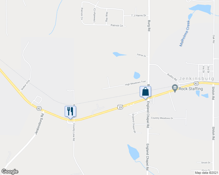 map of restaurants, bars, coffee shops, grocery stores, and more near High Meadows Trail in Jenkinsburg
