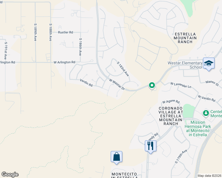 map of restaurants, bars, coffee shops, grocery stores, and more near 13500 South 183rd Drive in Goodyear