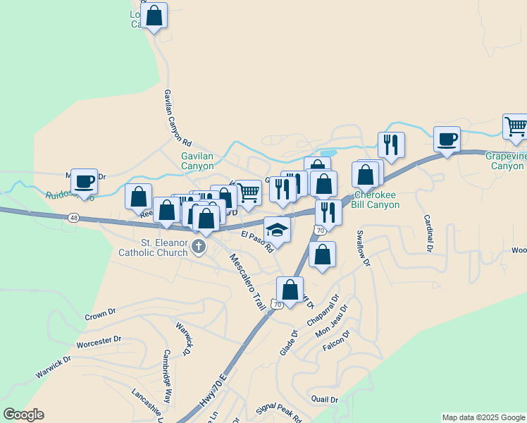 map of restaurants, bars, coffee shops, grocery stores, and more near 200 Horton Circle in Ruidoso