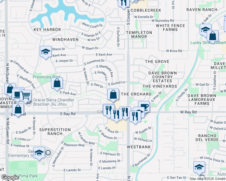 map of restaurants, bars, coffee shops, grocery stores, and more near 1106 North Melody Circle in Chandler