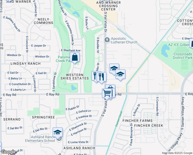 map of restaurants, bars, coffee shops, grocery stores, and more near 1456 South Boulder Street in Gilbert