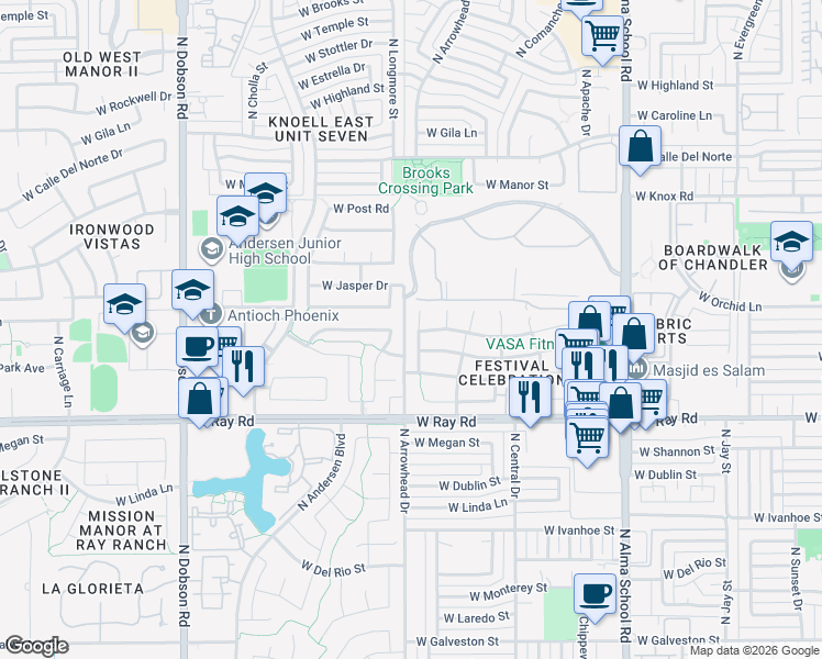 map of restaurants, bars, coffee shops, grocery stores, and more near 1221 North Meadows Drive in Chandler