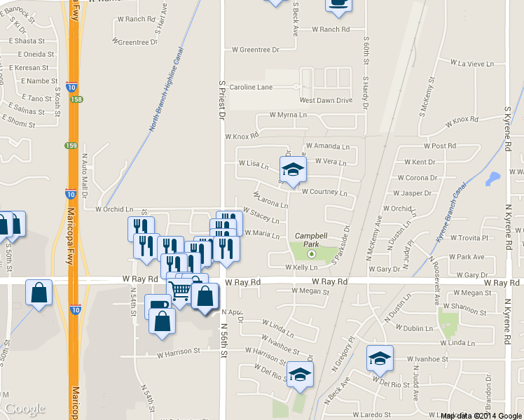 map of restaurants, bars, coffee shops, grocery stores, and more near 1318 West Larona Lane in Tempe