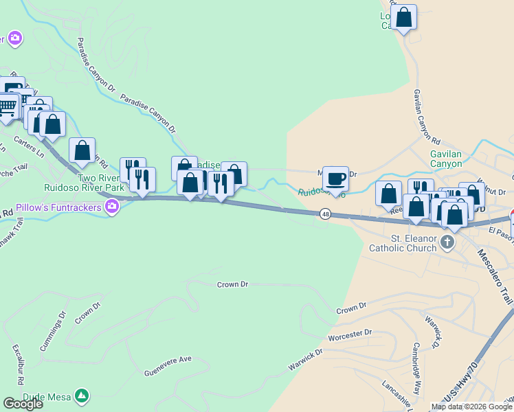 map of restaurants, bars, coffee shops, grocery stores, and more near 662 Sudderth Dr in Ruidoso
