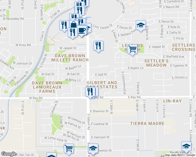 map of restaurants, bars, coffee shops, grocery stores, and more near 80 East Betsy Lane in Gilbert