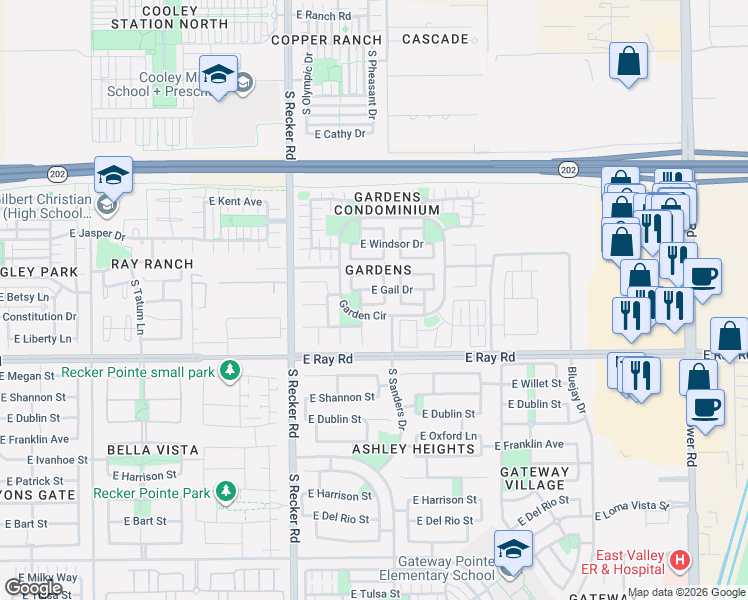 map of restaurants, bars, coffee shops, grocery stores, and more near 4162 East Gail Drive in Gilbert