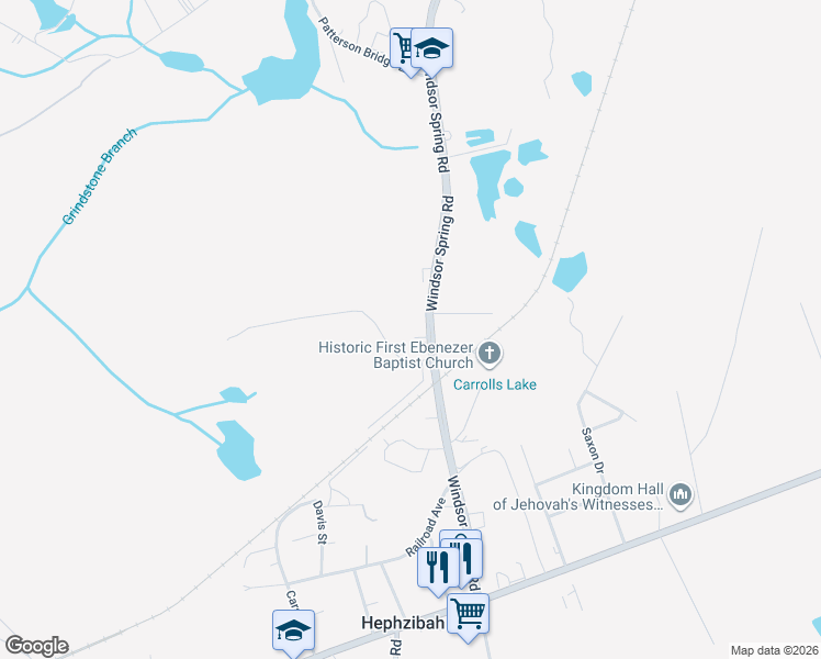 map of restaurants, bars, coffee shops, grocery stores, and more near 4727 Windsor Spring Road in Hephzibah