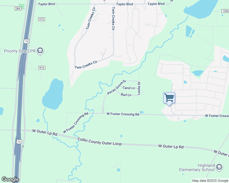 map of restaurants, bars, coffee shops, grocery stores, and more near 2025 Burl Lane in Anna