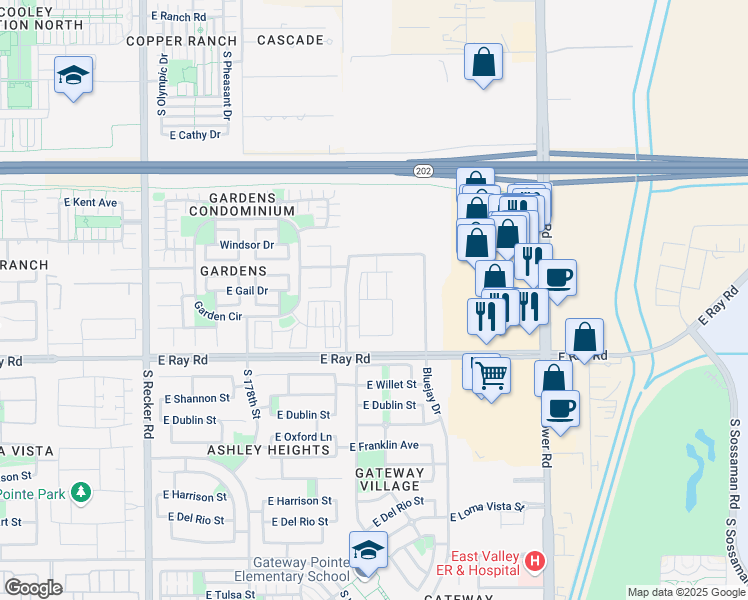 map of restaurants, bars, coffee shops, grocery stores, and more near Wren Dr in Gilbert