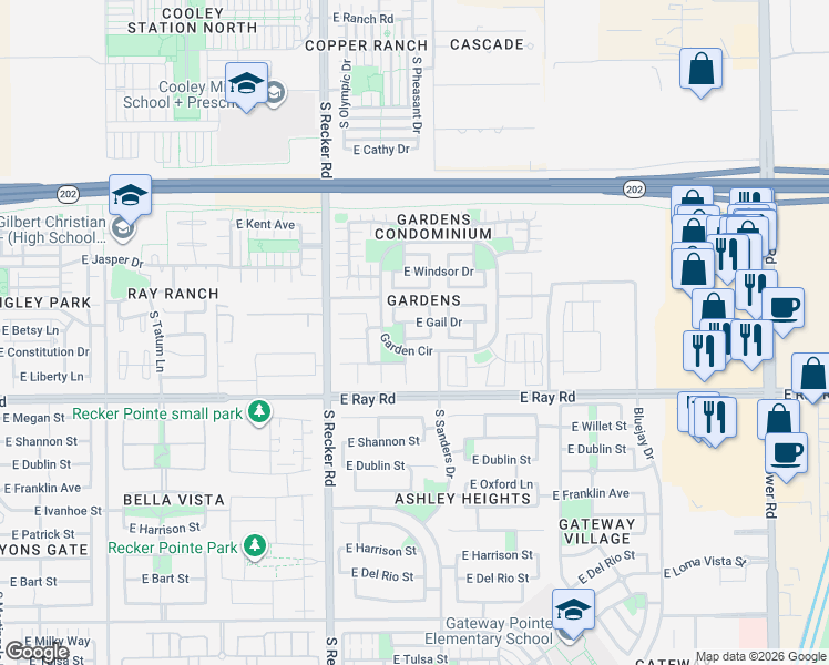 map of restaurants, bars, coffee shops, grocery stores, and more near 4162 East Gail Drive in Gilbert