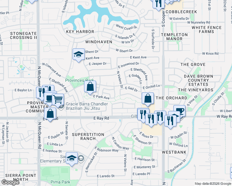 map of restaurants, bars, coffee shops, grocery stores, and more near 1180 North Velero Street in Chandler