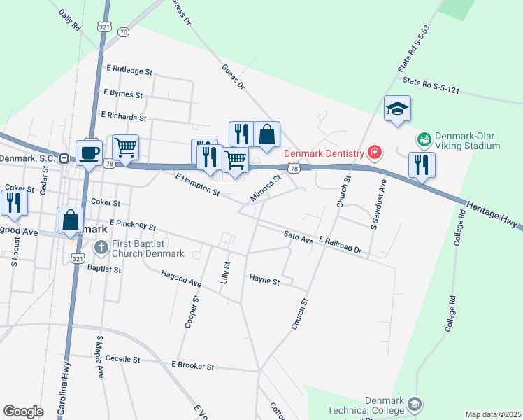 map of restaurants, bars, coffee shops, grocery stores, and more near 544 Mimosa in Denmark
