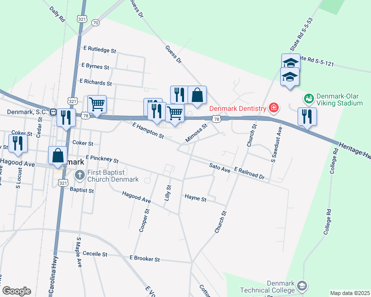 map of restaurants, bars, coffee shops, grocery stores, and more near 544 Mimosa Street in Denmark