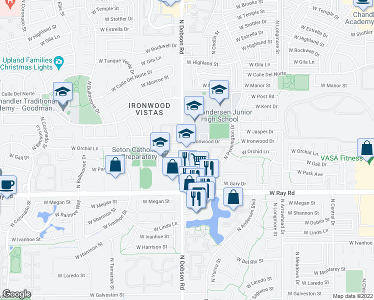 map of restaurants, bars, coffee shops, grocery stores, and more near 1125 North Dobson Road in Chandler