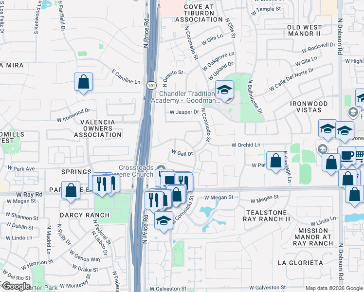 map of restaurants, bars, coffee shops, grocery stores, and more near 1191 North Spire Drive in Chandler