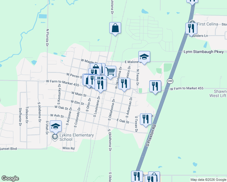 map of restaurants, bars, coffee shops, grocery stores, and more near 211 East Pecan Street in Celina