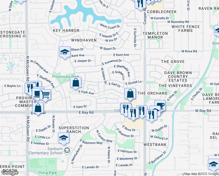 map of restaurants, bars, coffee shops, grocery stores, and more near 1733 East Gail Drive in Chandler