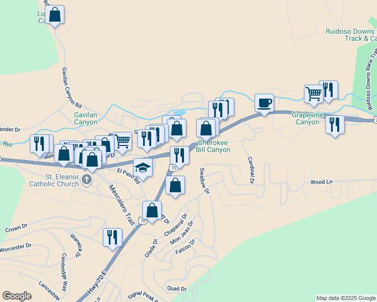 map of restaurants, bars, coffee shops, grocery stores, and more near 100 Gavilan Canyon Road in Ruidoso