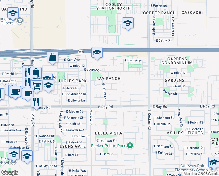 map of restaurants, bars, coffee shops, grocery stores, and more near 3749 East Orchid Lane in Gilbert