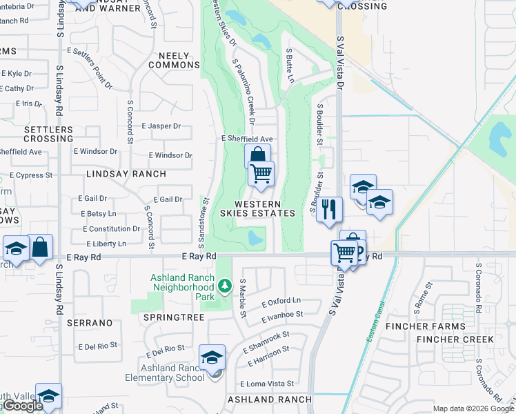 map of restaurants, bars, coffee shops, grocery stores, and more near 1370 East Gail Court in Gilbert