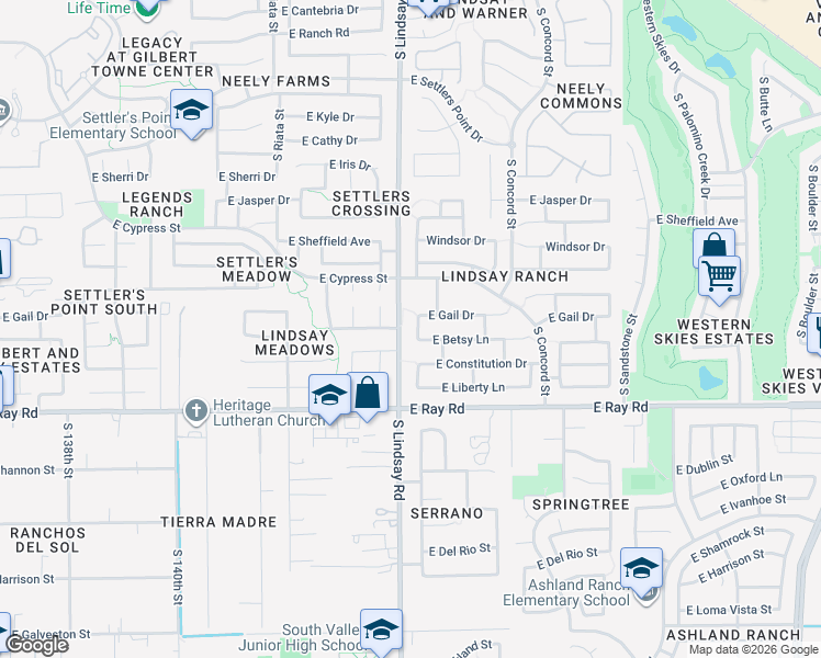 map of restaurants, bars, coffee shops, grocery stores, and more near 1446 South Heritage Drive in Gilbert