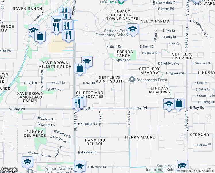 map of restaurants, bars, coffee shops, grocery stores, and more near 250 East Gail Court in Gilbert