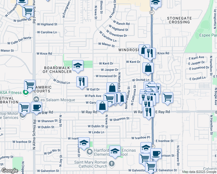 map of restaurants, bars, coffee shops, grocery stores, and more near 465 West Orchid Lane in Chandler