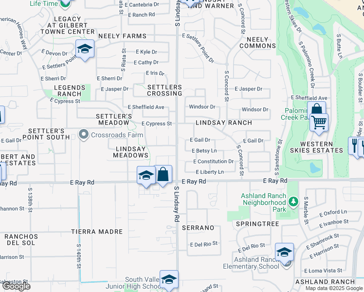 map of restaurants, bars, coffee shops, grocery stores, and more near 1446 South Heritage Drive in Gilbert