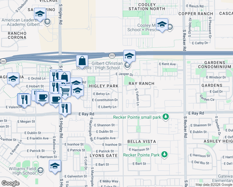 map of restaurants, bars, coffee shops, grocery stores, and more near 3528 East Orchid Lane in Gilbert