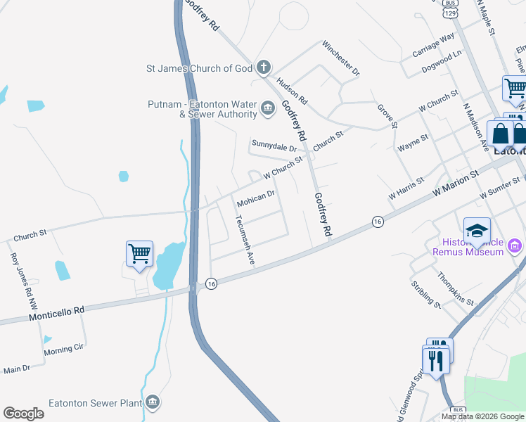 map of restaurants, bars, coffee shops, grocery stores, and more near 107 Mohican Drive in Eatonton
