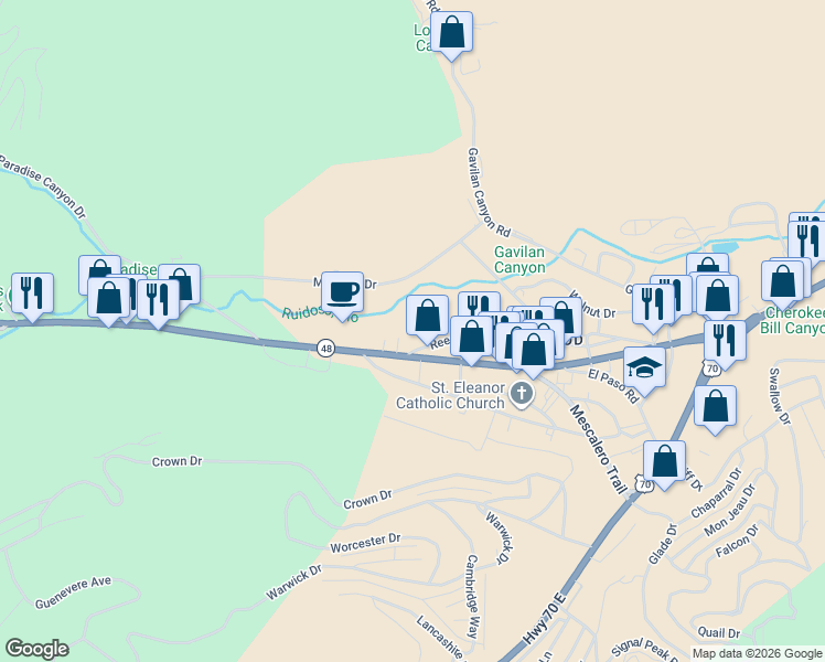 map of restaurants, bars, coffee shops, grocery stores, and more near 101 Reese Drive in Ruidoso