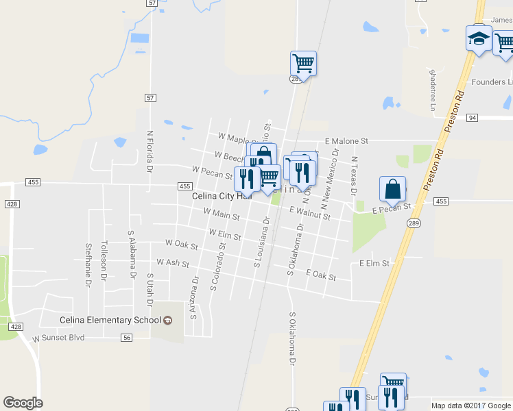 map of restaurants, bars, coffee shops, grocery stores, and more near 218 West Walnut Street in Celina