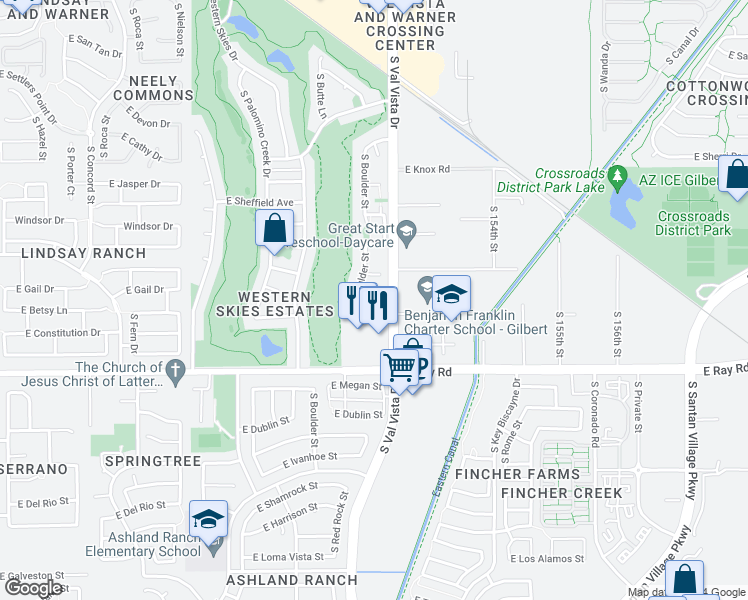 map of restaurants, bars, coffee shops, grocery stores, and more near 1470 South Red Rock Court in Gilbert