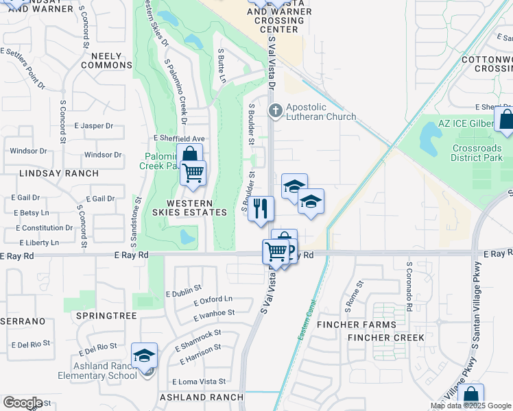 map of restaurants, bars, coffee shops, grocery stores, and more near 1470 South Red Rock Court in Gilbert