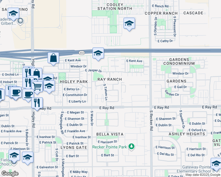 map of restaurants, bars, coffee shops, grocery stores, and more near 3749 East Orchid Lane in Gilbert