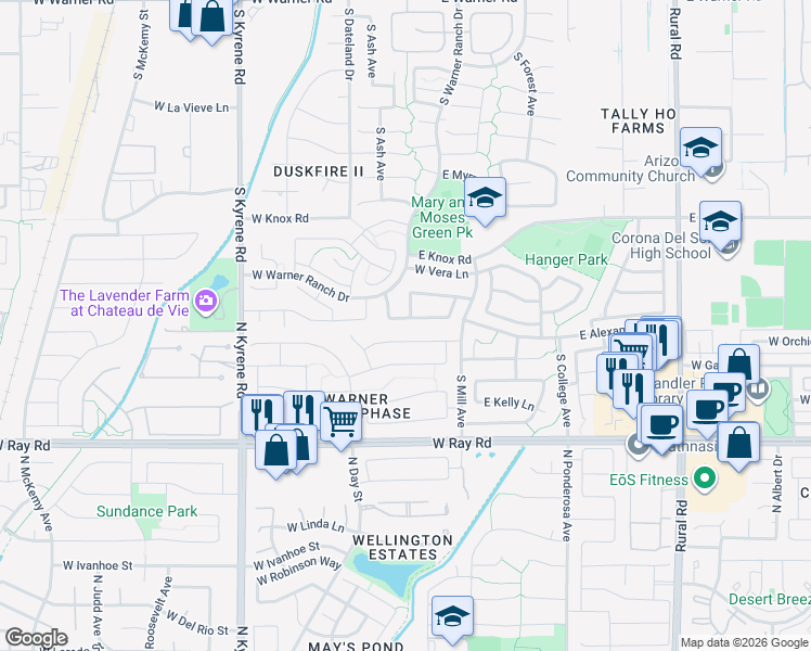 map of restaurants, bars, coffee shops, grocery stores, and more near 147 West Stacey Lane in Tempe