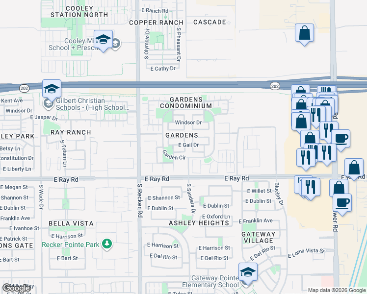 map of restaurants, bars, coffee shops, grocery stores, and more near 4162 East Gail Drive in Gilbert