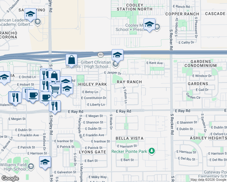 map of restaurants, bars, coffee shops, grocery stores, and more near 3623 East Orchid Lane in Gilbert
