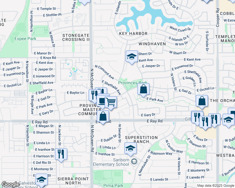map of restaurants, bars, coffee shops, grocery stores, and more near 1141 East Baylor Lane in Chandler