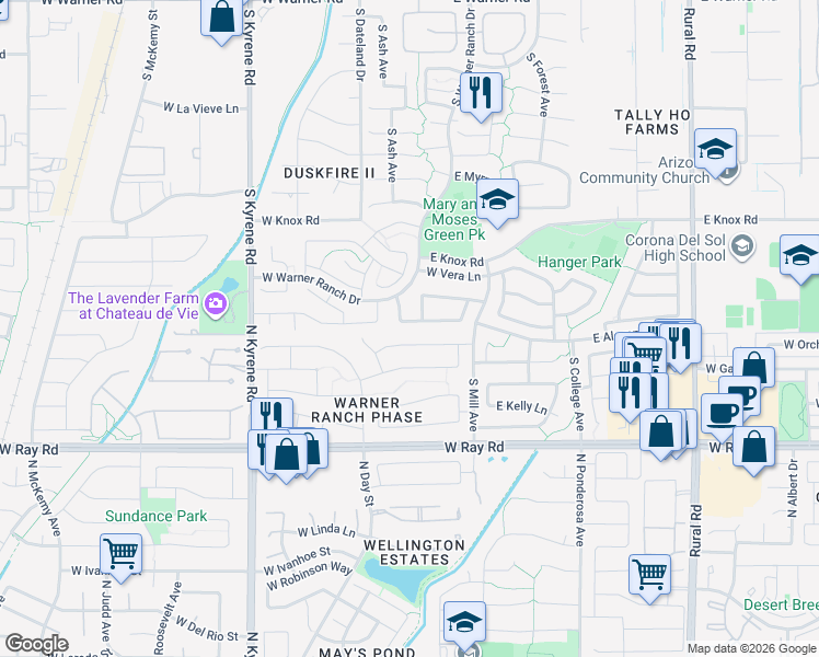 map of restaurants, bars, coffee shops, grocery stores, and more near 147 West Stacey Lane in Tempe