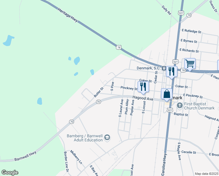 map of restaurants, bars, coffee shops, grocery stores, and more near 86 Lucius Street in Denmark