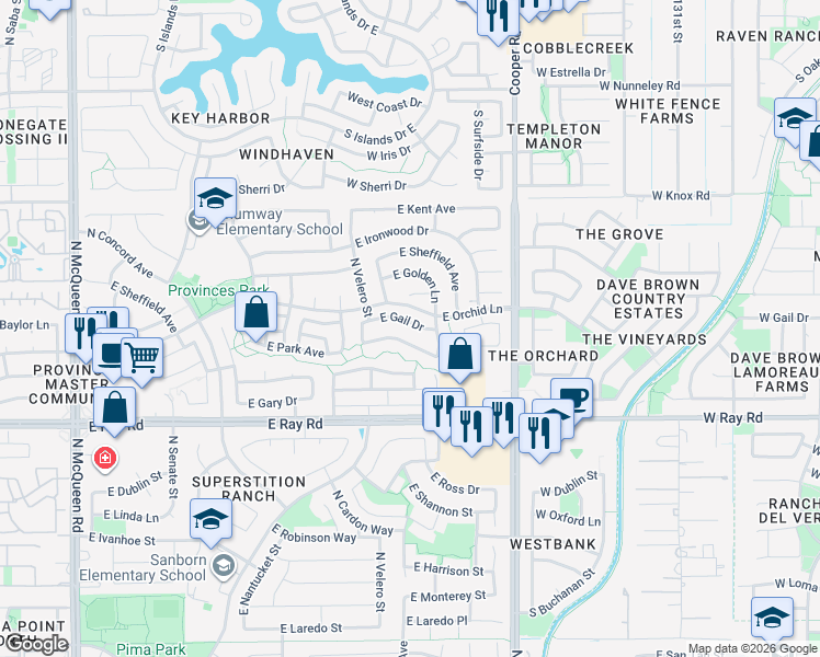 map of restaurants, bars, coffee shops, grocery stores, and more near 1733 East Gail Drive in Chandler