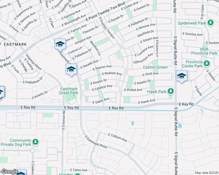 map of restaurants, bars, coffee shops, grocery stores, and more near 10335 East Catalyst Avenue in Mesa