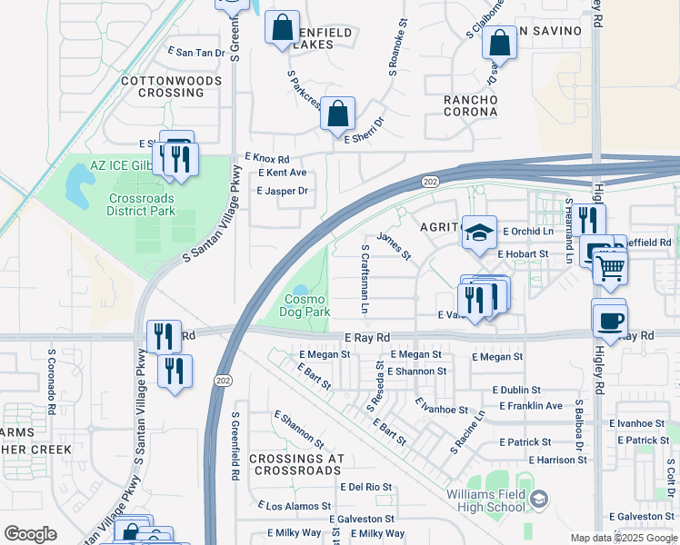 map of restaurants, bars, coffee shops, grocery stores, and more near 2616 East Tamarisk Street in Gilbert