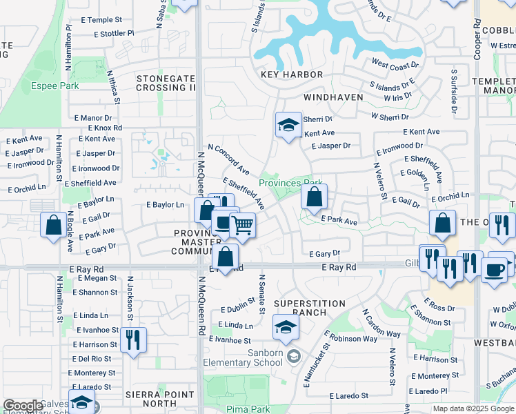 map of restaurants, bars, coffee shops, grocery stores, and more near 1141 East Baylor Lane in Chandler