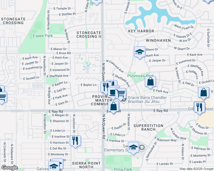 map of restaurants, bars, coffee shops, grocery stores, and more near 1020 East Baylor Lane in Chandler